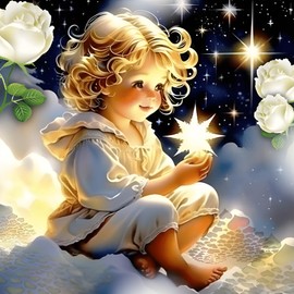Bowetile 5D Diamond Painting Pictures Cute Angel, Flower Cloud Diamond Painting Set for Adults and Children, Complete DIY Diamond Art Painting Embroidery Set for Cross Stitch Pictures, Home Decor, 30