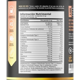 SKN Blend con 180 Cápsulas de 2000 mg por porción. Colágeno tipo I y III, L-Histidina, Isoleucine, L-Lisina, L-Metionina. Ingredientes naturales. SKN 