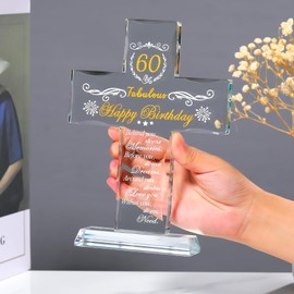 Movdyka Crystal 60th Birthday Cross Gifts for Women Men Engraved Glass 60 Years Old Birthday Presents Ideas for Mum Nan Christian 60th Birthday Religious Decoration Keepsake