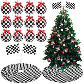 Hiboom 15 Pcs Christmas Tree Checkered Decoration 12 Black and White Christmas Ball Ornaments 1 Plaid Xmas Tree Skirt 2 Racing Polyester Flags with Plastic Sticks for Xmas Party