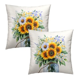 Uynfident Sunflower Throw Pillow Cover 16x16inch Set of 2 Spring Summer Yellow White Floral Daisy Mason Jar Decorative Pillow Case Seasonal Farmhouse Cotton Cushion Case for Sofa Home Patio