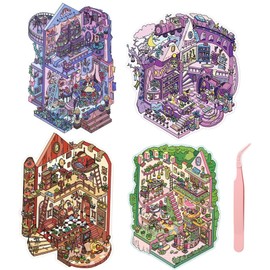 3D House Sticker Set of 4 with Tweezers, Sticker DIY Scene Seal, Collage Material, Paper Material, Miniature Model Sticker, Paper Doll House, 3D, Korean Style, Niche Decoration, Journal, Notebook (Vol