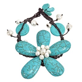 AeraVida Simulated Turquoise and Cultured Freshwater White Pearl Flower Organic Bracelet
