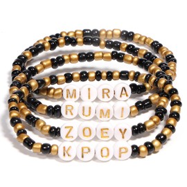 AICase for Kpop Demon Hunters Golden Merch Rumi Zoey Mira Inspired Bracelets 4 Pcs Stackable Stretch Friendship Beaded Bracelets for Huntrix k pop Unique Merchandise Jewelry Gifts for Fans_Gold/Black
