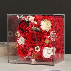 FIZOZI Eternal Rose Acrylic Cube - 15cm Preserved Floral Women | Anniversary, Birthday, Valentine's Day | 5 Colors (Red/Pink/Blue/Purple/Yellow) with Gift Box