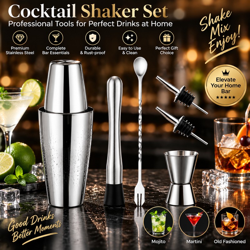 Stainless Steel Cocktail Shaker Set for Home Bartending – Complete