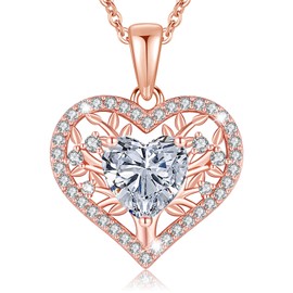LAVUMO Tree of Life Heart Necklace Women's 925 Sterling Silver Birthstone Pendant Necklaces Birthday Gift for Women Girlfriend Mum Valentine's Day Mother's Day Christmas, Cubic Zirconia, Cubic