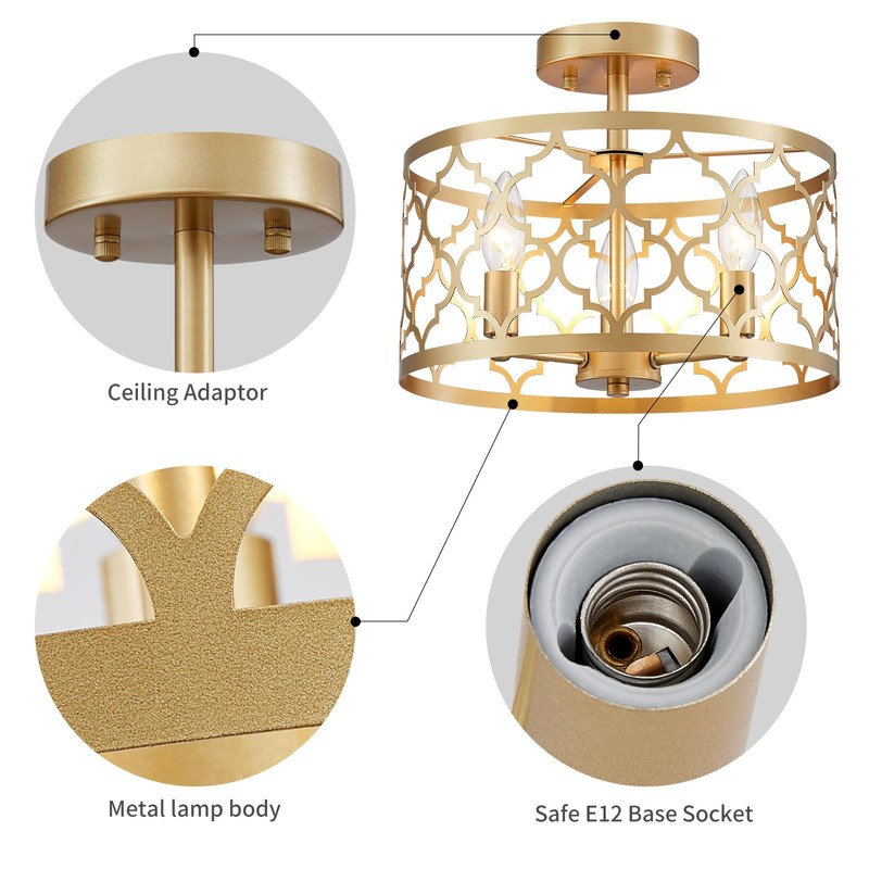 WUZUPS Chandelier 3-Light Vintage Farmhouse Semi-Flush Mount Ceiling Light Lighting