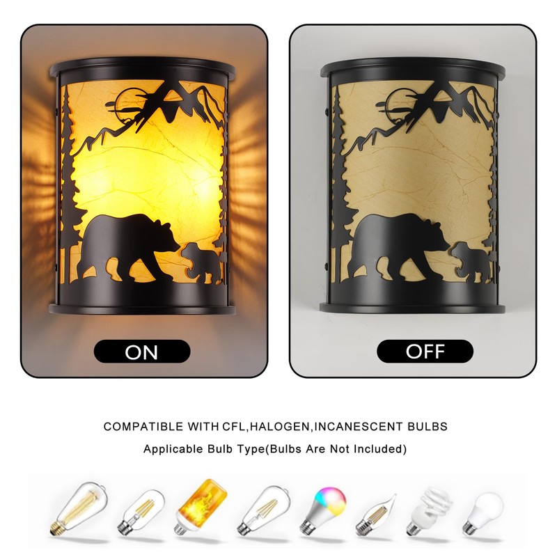 Rustic Wall Sconces, 2-Light Farmhouse Bear Wall Lamp with E12