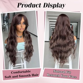 LEOSA Long Highlight Wig 26 Inch Brown Mixed Blonde Layered Wig with Curtain Bangs for Women Synthetic Middle Part Wet and Wavy Natural Looking Hair Wigs for Daily Party,Brown Mixed Blonde