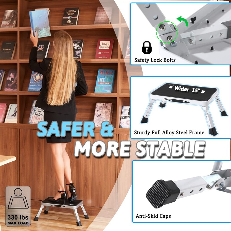 Double Elite 3 Levels Adjustable Folding One Step Stool, Safer