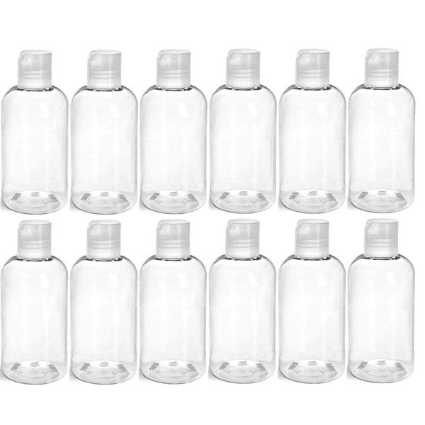 8 Ounce Boston Round Bottles, PET Plastic Empty Refillable BPA-Free, with Natural Color Disc Caps (Pack of 12) (Clear)