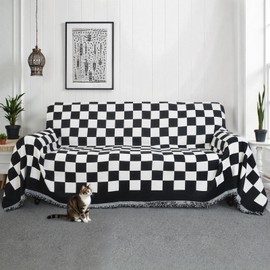 Roxooze Modern Chenille Sofa Cover, Washable Checkerboard Couch Protector for Dogs, Sectional L-Shape Sofa Slipcover, 71"x134"