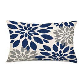 Asamour Navy Blue Decorative Dahlia Boho Lumbar Pillow Covers 12x20 Inch, Geometric Floral Elegant Gray Grey Beige Decor Rustic Farmhouse Throw Pillows Cushion Cases for Sofa Bedroom Decorations