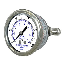 PIC Gauge 303L-158C Glycerin Filled U-Clamp Panel Mount Pressure Gauge with Stainless Steel Case, 316 Stainless Steel Internals, Plastic Lens, 1-1/2" Dial Size, 1/8" Male NPT Connection Size, 0/30 psi Range