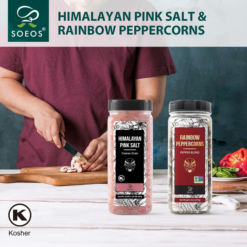 Soeos Himalayan Pink Salt 20oz + Rainbow Peppercorns 8oz, Salt