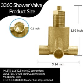 3360 Commercial 3 Way Diverter Shower Valve Compatible with Moen M-Pact Common Valve System, 1/2" CC Brass Construction for Shower/Tub Diverter