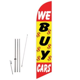 Cobb Promo We Buy Cars (Red/Yellow) Feather Flag with Complete 15ft Pole kit and Ground Spike
