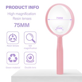 Lakei Magnifying Glass,10X 30X Handheld Reading Magnifying Glass， 75mm Shatter Resistant Lens, Non-Slip Handle, Suitable for Elderly Reading, Adults Close Work, Hobbies and Halloween & Cosplay (Pink)