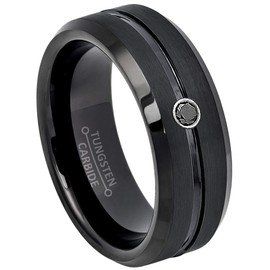 Jewelry Avalanche 8MM Brushed Finish Black IP with Grooved Center Beveled Edge Tungsten Carbide Wedding Band - 0.07ct Black Diamond Tungsten Ring -10.5