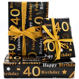 5Pcs 40th Birthday Wrapping Paper,50 * 70cm Gold Black Wrapping Paper for Woman Men Birthday Decorations