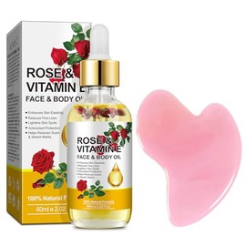 Aceite de rosa para cara, vitamina E y aceite facial de rosa con juego de herramientas Gua Sha, aceite hidratante nutritivo de vitamina E para cara y 