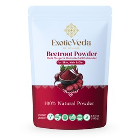 EXOTIC VEDA Organic Beetroot Powder 100g(3.53oz) | 100%Pure Beet Root Supplement-Vegan, Gluten-Free, Non-GMO | Natural Food Coloring & Nutrient-Rich Superfood for Smoothies, Baking, Cooking & Skincare