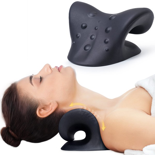 Neck Stretcher for Neck Pain Relief, Neck and Shoulder Relaxer Cervical Neck Traction Device Pillow for TMJ Pain Relief and Muscle Relax, Cervical Spine Alignment Chiropractic Pillow (Black)