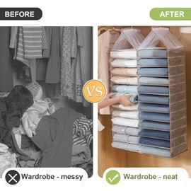 Aeeteek Wardrobe Clothes Organizer 1 Pack Hanging Closet Clothing Storage Dividers PVC Cabinet Pants Shelf Foldable Drawers with Hanger Hook for Organizing Bedroom Nursery Bathroom (Grey)