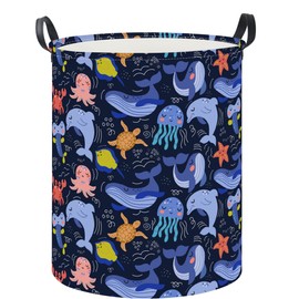 HKEC 19.7" Laundry Basket, Dirty Clothes Hamper, Waterproof Storage Bin, Room Decor, Gift Baskets,Nursery Hamper(Line Ocean)