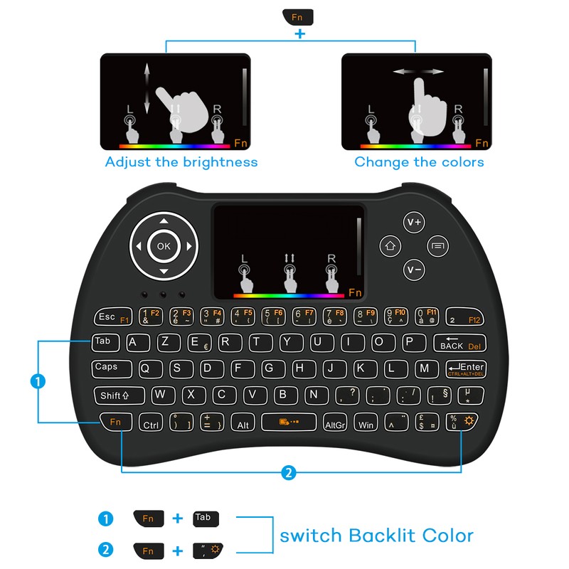 2.4GHz Wireless Mini Remote Control Keyboard Colorful backlit with Rechargeable