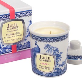 Julie Clarke Irish Scented Hand Poured Candle 100% Natural Vegan Wax Fine Porcelain Jar White Roses and Gardenia 30 Hours Burn Time Made in Ireland Gift Home Decor