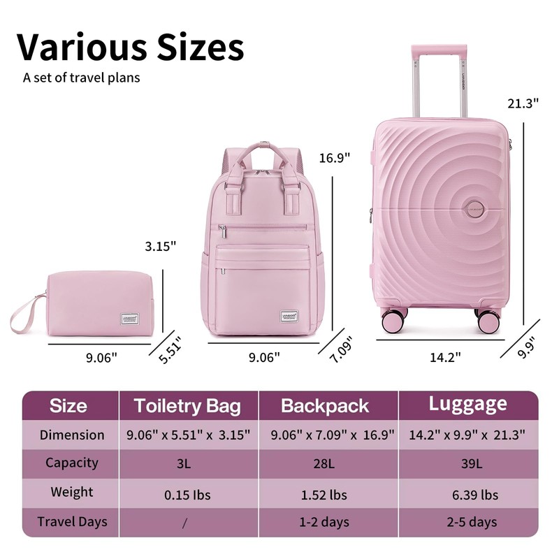 LARVENDER Expandable Carry On 3 Piece Luggage Set with Backpack