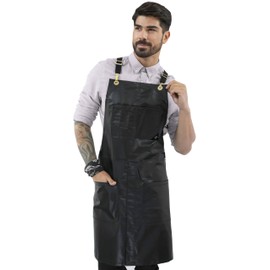 Under NY Sky Cross-Back Black Apron – Golden Hardware, Coated Twill, Leather Reinforcement, Split-Leg – Adjustable for Men, Women, Pro Barber, Tattoo, Hair Stylist, Barista, Bartender, Server Aprons