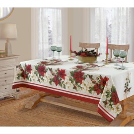 Newbridge Christmas Presley Red and White Poinsettia Double Bordered 60 x 120 inch Rectangle Fabric Tablecloth, Holiday Cottage Floral Border Print Table Cover for Dining Party