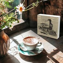 Kneaotoaji Vintage Train Wooden Box Sign - Train Decor, Train Collector Gifts, Train Gifts for Men Boys, Gifts for Train Lovers, Retro Locomotive Desk Sign for Shelf Desk Table 5x5