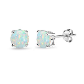 Opal Earrings for Women Sterling Silver Studs Simulated 5mm Round Solitaire Gemstone White Stud Earrings for Bridesmaids Birthday Holiday Gift Fashion Summer