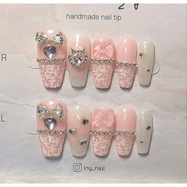 [In-store special discount]Pink tweed handmade nail tips - short coffin / [입점초특가할인]핑크 트위드 수제네일팁 - 숏코핀