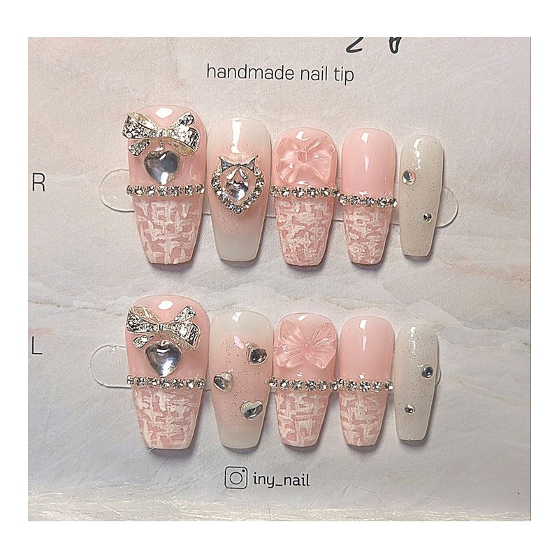 [In-store special discount]Pink tweed handmade nail tips - short coffin