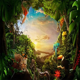 OUYIDA 10x10Ft Jungle Safari Backdrop Animation Forest Kids Green Photography Background Rainforest Animal Decoration Celebration Party Photo Shoot Baby Shower Booth Studio Props