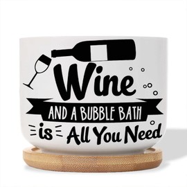 DecStic Wine and A Bubble Bath is All You Need Planter Ceramic Family Quote Round Plant Pot with Drainage Holes and Bamboo Tray Pot for Home Office Decoration