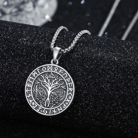 YueYuan Viking Rune Necklace 925 Sterling Silver Yggdrasil Pendant Odin Raven Necklace Norse Jewelry for Men Viking Culture Lovers