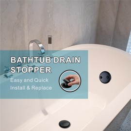 Black Tub Drain Stopper,Welsan Universal Pop Up Bathtub Stopper Replacement Tip Toe, Lift and Turn with 2-Hole Overflow Face Plate Cover and EZ Bath Tub Plug Stopper (Matte Black)