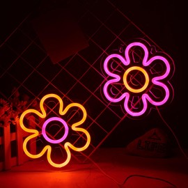 Bonuci 2 Pieces Flower Neon Sign 7.87 Inch Daisy LED Lights Sign USB Powered Pink Retro Flower Shaped Neon Sign for Room Wall Decor Home Shop Wedding Birthday Party Decoration(Pink, Yellow)