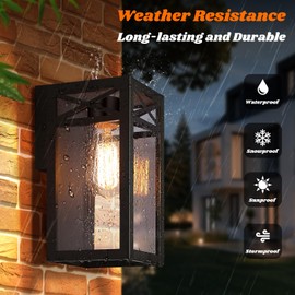 Outdoor Wall Light Fixtures, Exterior Waterproof Lanterns, Black Porch Lights with Glass Shade, Sconces Wall Mount Lighting with E26 Socket, Anti-Rust Wall Lamps for Patio Front Door Entryway, 2-Pack