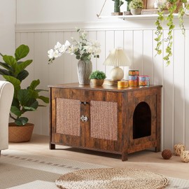 SPOFLYINN Cat Litter Box Enclosure, Cat House with Scratching Post Removable Divider, Indoor Cat Litter Box Furniture End Table Cabinet, Wooden Cat Washroom Rustic Brown As Shown