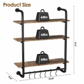 Kssiaz 3 Tier Industrial Pipe Floating Shelf, 24" Kitchen Wall Shelves with Towel Bar & 6 Hooks, Coffee Bar Shelves Display Bookshelf Wall Shelf for Kitchen, Bathroom, Home Décor, Rustic Brown