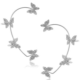 2PCS Butterfly Ear Cuff, Rhinestone Butterfly Ear Wrap, Non-Piercing Fake Earrings, Fairy Ear-Jewelry for Women, Elegant Climber Ears Wrap for Wedding, Dance, Party and Gift