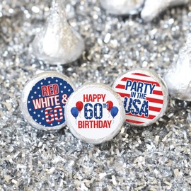 Red White and Blue 60th Birthday Party Favor Stickers - Chocolate Kisses Candy Labels - 180 Count, Patriotic Birthday Party Supplies