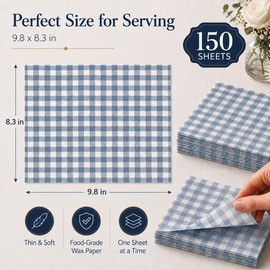 150 Sheets Dusty Blue Plaid Wax Paper for Food Deli, 9.8 x 8.3'' Gingham Plaids Greaseproof Wrapping Paper for Birthday Sandwich Picnic Basket Liner Wedding Party Supplies